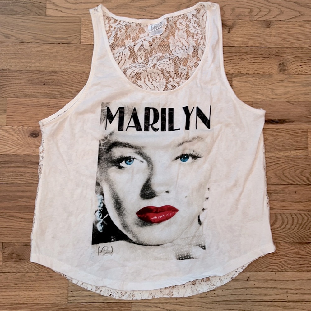 Lace-Back Graphic Tank Top with Marilyn Print - White